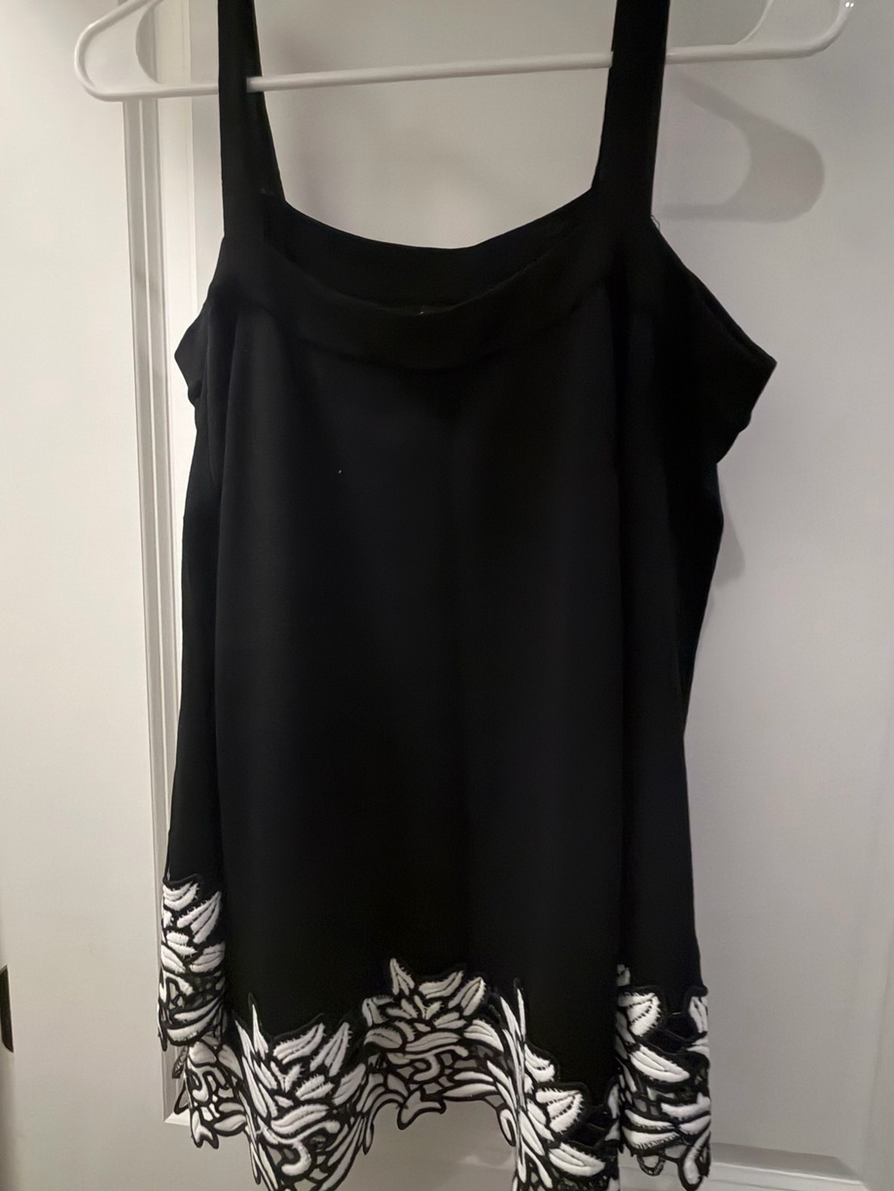 Boston Proper Black Camisole with White Floral Hem Embroidery